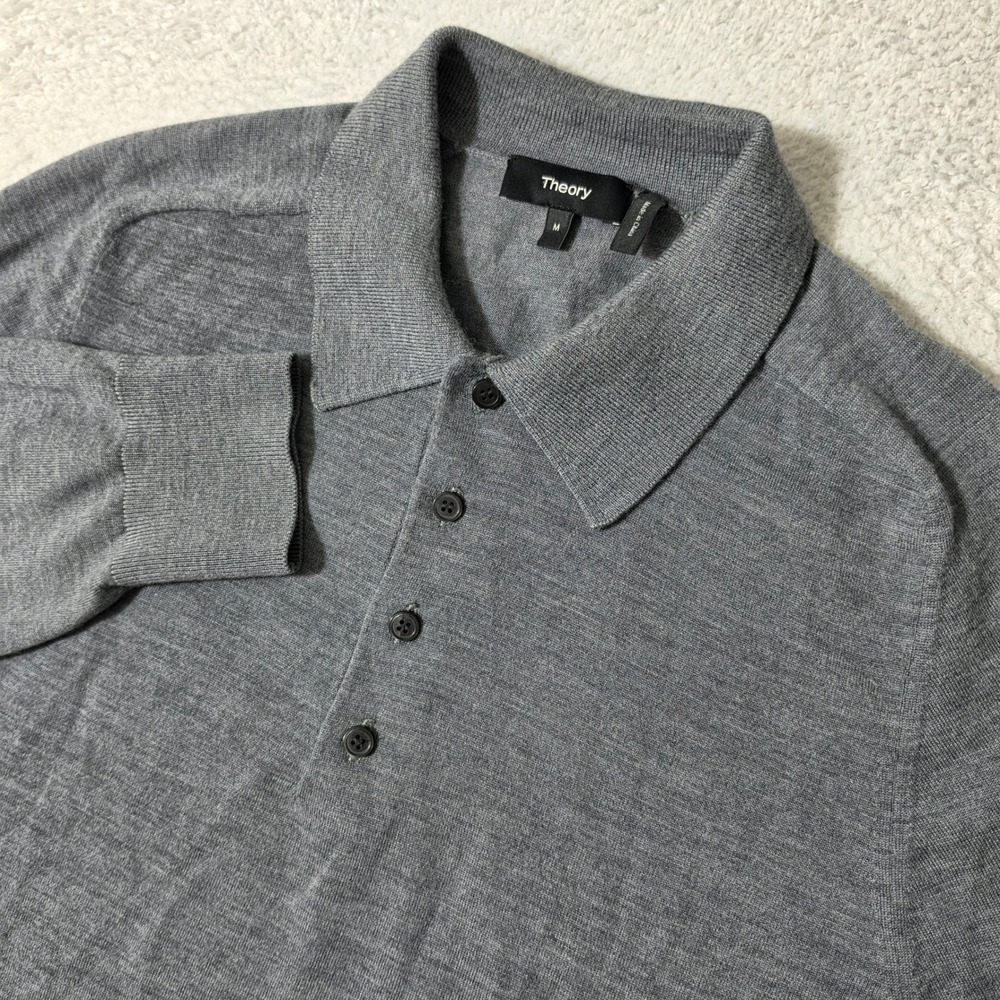Theory Sweater Mens Med Gray‎ L/S 100% Merino Wool Button Polo Knit N081702R